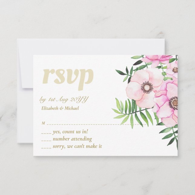 Cartons Réponse Mariage Budget Feuilles de Sauge Florale Rose Roug (Devant)