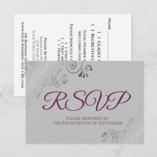 Cartons Réponse Mariage Cassis Violet sur Gris Dentelle Élégante A