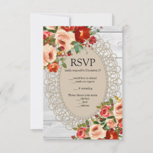 Cartons Réponse Mariage Champêtre Bois Blanc Dentelle Fleurs Rouge