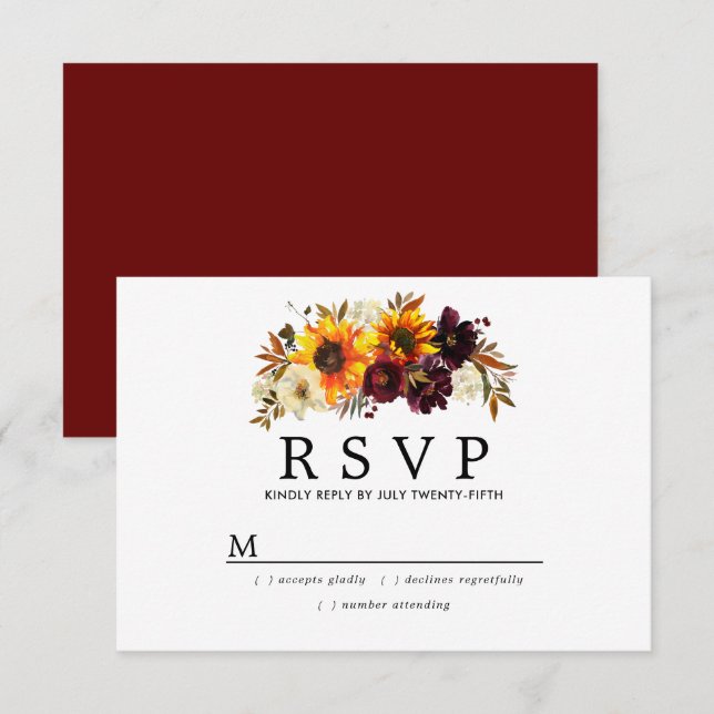 Cartons Réponse Mariage Champêtre Bourguignon Rouge Floral (Devant / Derrière)