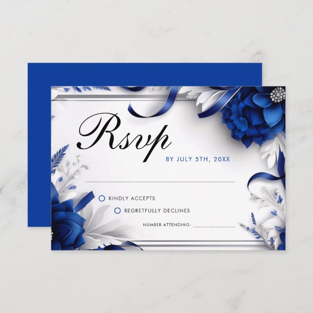 Cartons Réponse Mariage Chic Bleu Nuit & Fleurs Argentées Rubans (Devant / Derrière)