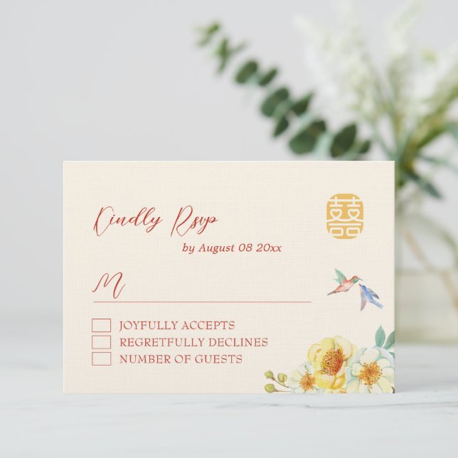 Cartons Réponse Mariage chinois jaune ornithologique élégant (Debout devant)