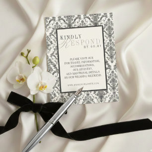 Cartons Réponse Mariage Classique Ivoire Motif Rococo Damassé QR