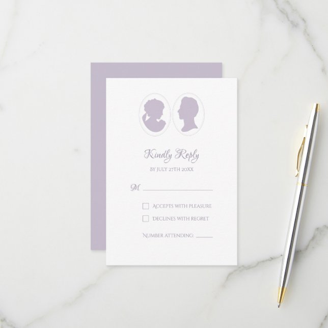Cartons Réponse Mariage classique Regency violet caméo (Devant/Arrière en situation)
