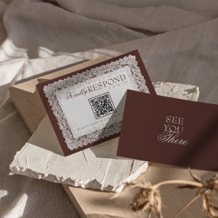 Cartons Réponse Mariage Code QR Brun Chocolat Dentelle Vieille For