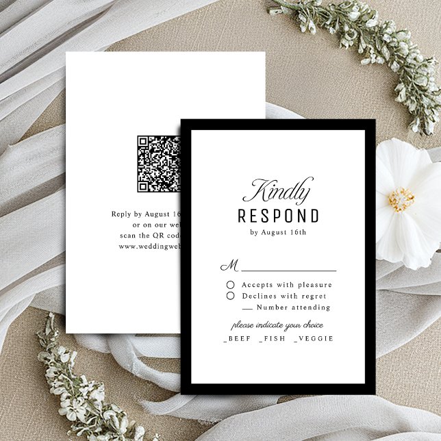 Cartons Réponse Mariage code QR élégant écriture Classy noir blanc (Black White Classy Script Elegant QR code Wedding RSVP Card)