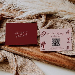 Cartons Réponse Mariage Code QR Romantique Burgundy Rose Dessiné à