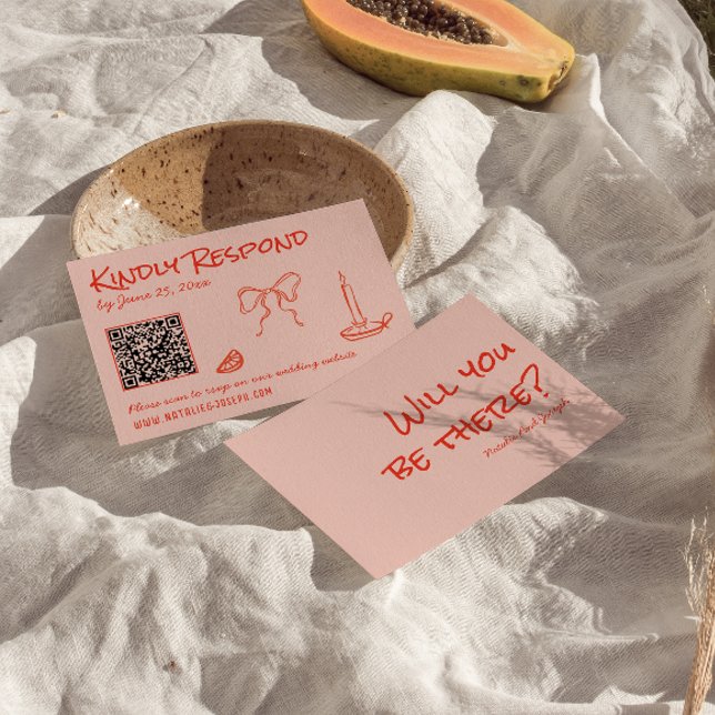 Cartons Réponse Mariage Code QR Rose Rouge Unique Dessiné à la Mai (Créateur téléchargé)