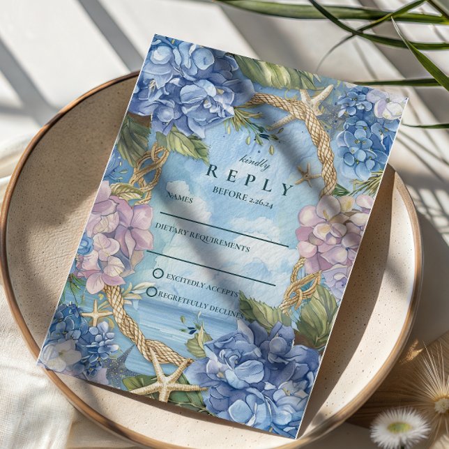 Cartons Réponse Mariage Corde Côtière Hortensia Bleu (Créateur téléchargé)