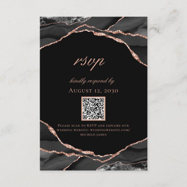 Cartons Réponse Mariage d'Agate Black Rose Gold (Devant)