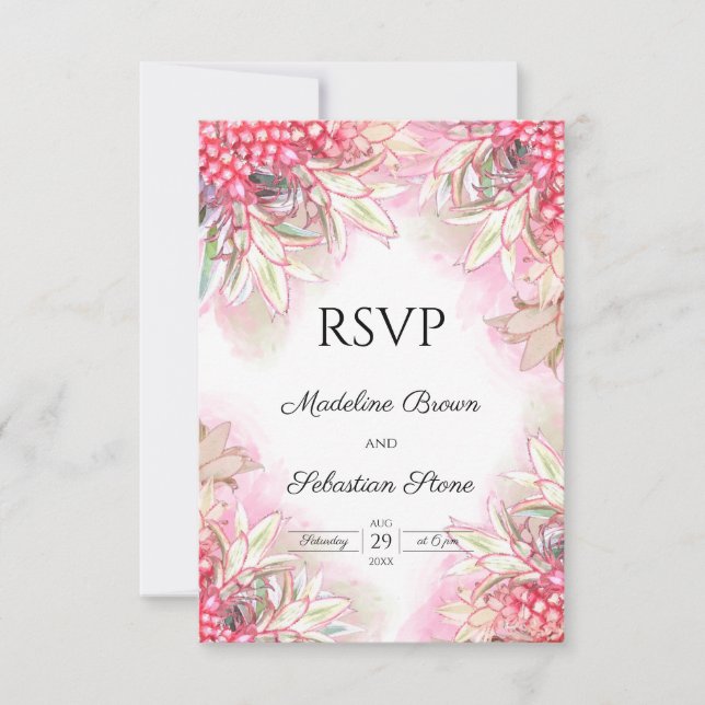 Cartons Réponse Mariage d'ananas rose exotique (Devant)