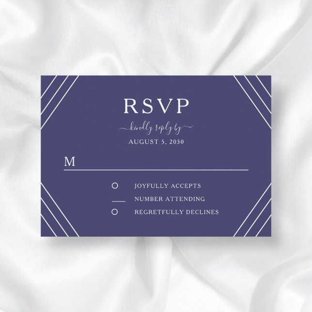 Cartons Réponse Mariage d'Ancre d'or de la marine nautique (Front / Nautical Navy Blue Stripes Gold Anchor Wedding RSVP Card)