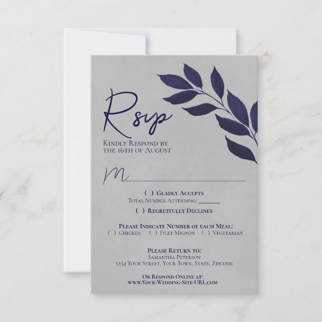 Cartons Réponse Mariage d'aquarelle bleu et gris de la marine Feui (Devant)