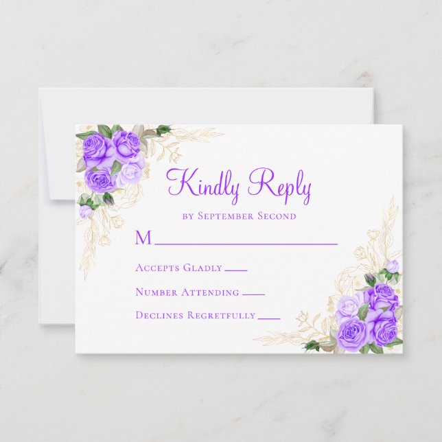 Cartons Réponse Mariage d'aquarelle couleur or violet (Devant)