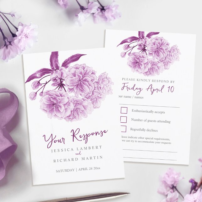 Cartons Réponse Mariage d'aquarelle fleurie de printemps violet RS (Créateur téléchargé)