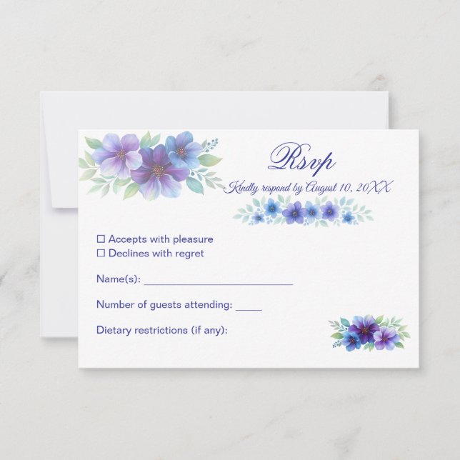 Cartons Réponse Mariage d'aquarelle romantique bleu violet (Devant)