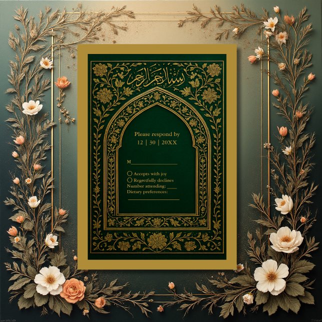 Cartons Réponse Mariage d'arc arabe Emerald Gold (Créateur téléchargé)