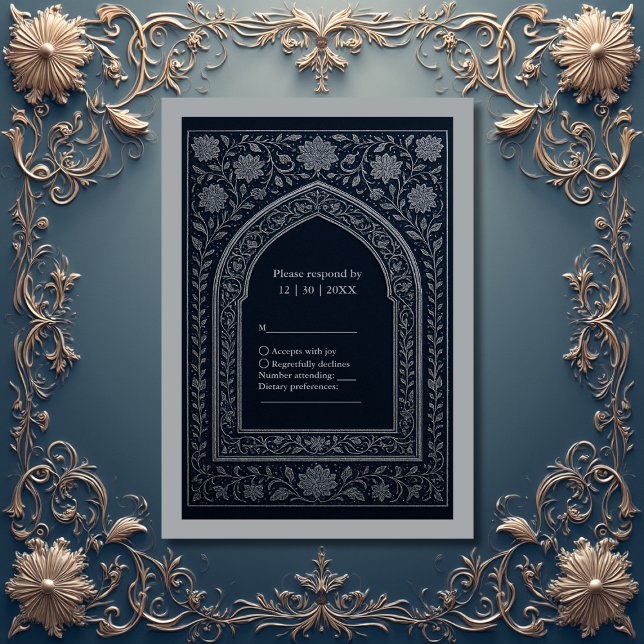 Cartons Réponse mariage d'arc arabe en argent de marine (Créateur téléchargé)