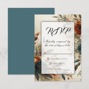 Cartons Réponse Mariage d'automne aux fleurs orange brûlé et bleue