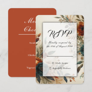 Cartons Réponse Mariage d'automne aux fleurs orange brûlé et bleue