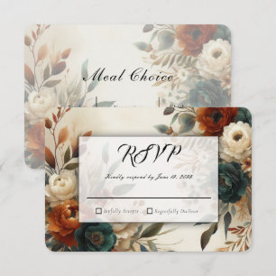 Cartons Réponse Mariage d'automne aux fleurs orange brûlé et bleue