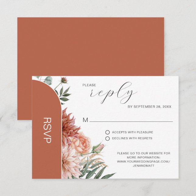 Cartons Réponse Mariage d'automne floral à la terre cuite et pêche (Devant / Derrière)