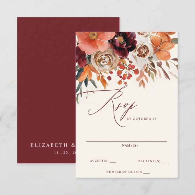 Cartons Réponse Mariage de automne Floral Orange Bourgogne (Devant / Derrière)