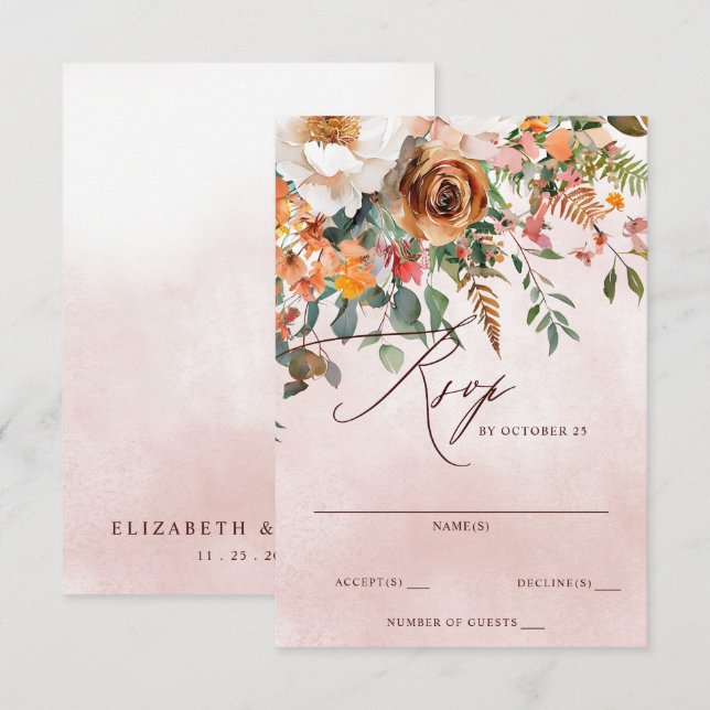 Cartons Réponse Mariage de automne Floral Orange Rustique (Devant / Derrière)