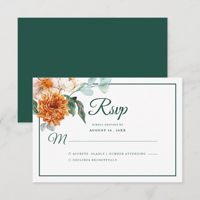 Cartons Réponse Mariage de automne vert émeraude floral rustique (Devant / Derrière)