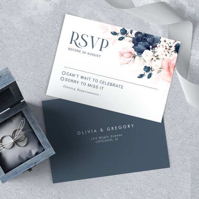 Cartons Réponse Mariage de bouquet floral bleu marine et rose vif  (Créateur téléchargé)