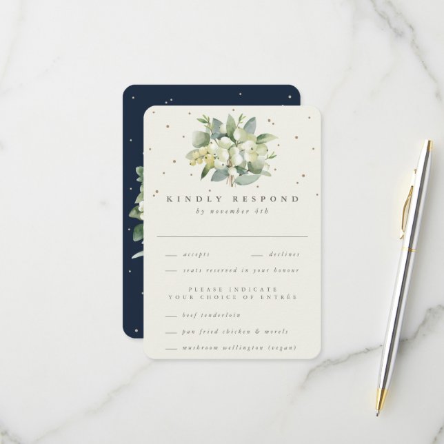 Cartons Réponse Mariage de bouquet Navy/Creme Snowberry+Eucalyptus (Devant/Arrière en situation)