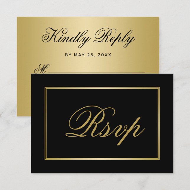 Cartons Réponse Mariage de calligraphie Chic Black Gold Script (Devant / Derrière)