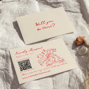 Cartons Réponse Mariage de code QR de la main rouge rétro tiré