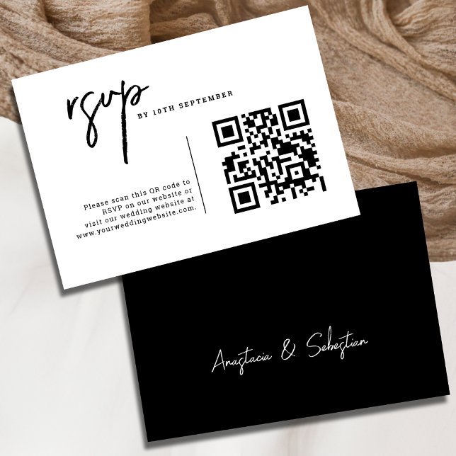 Cartons Réponse Mariage de code QR noir et blanc simple (Simple Elegant Black and White QR code Wedding RSVP Card)