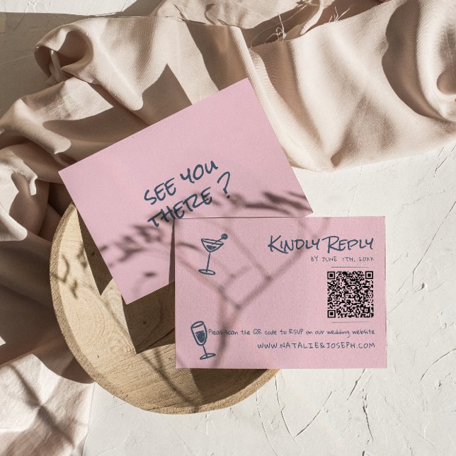 Cartons Réponse Mariage de code QR noir rose funky à main rétro (Créateur téléchargé)