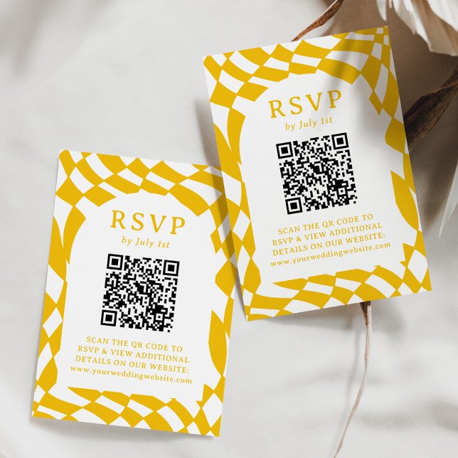 Cartons Réponse Mariage de code QR Retro Yellow Checkerboard (Créateur téléchargé)