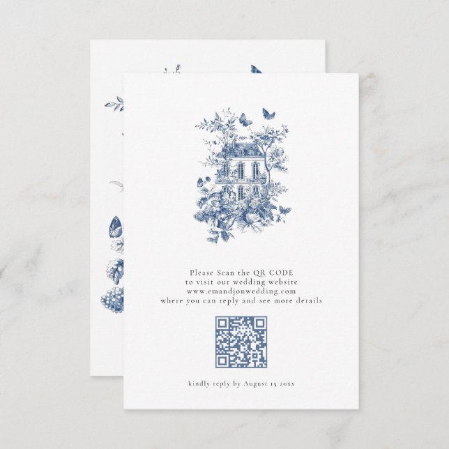 Cartons Réponse Mariage de code QR Rustique Blue Toile De Jouy (Devant / Derrière)