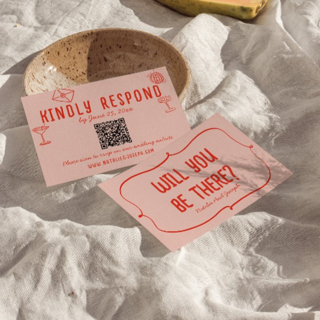 Cartons Réponse Mariage de code QR unique rouge rose main rétro (Créateur téléchargé)