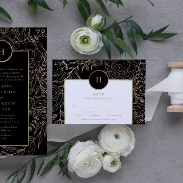Cartons Réponse Mariage de couronne de monogramme d'or noir (RSVP showcasing suite - additional items (bought separately))