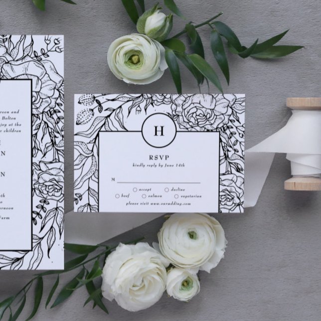 Cartons Réponse Mariage de couronne de monogramme noir dramatique (RSVP showcasing suite - additional items (bought separately))