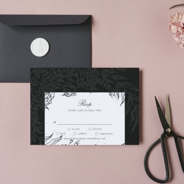 Cartons Réponse Mariage de couronnes à fleurs noires modifiable (Créateur téléchargé)