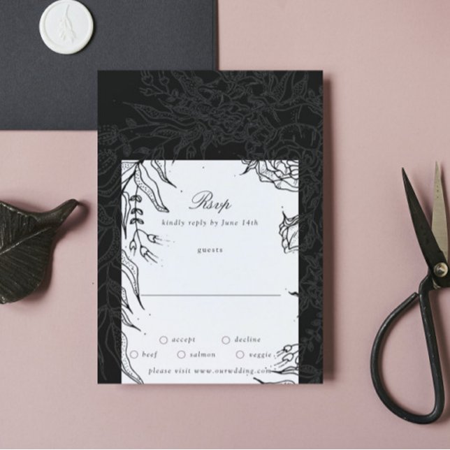 Cartons Réponse Mariage de couronnes à fleurs noires modifiable (Créateur téléchargé)