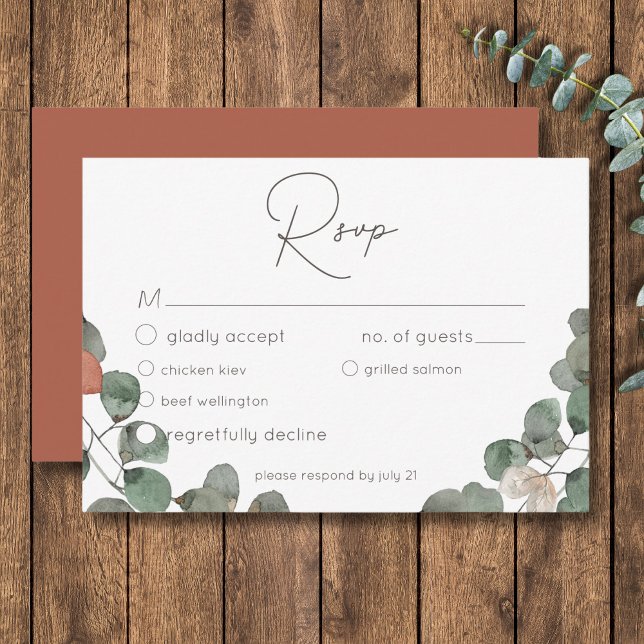 Cartons Réponse Mariage de courroie vert de rouille minimale (Minimal Rust Green Eucalyptus Wreath Wedding RSVP Card)