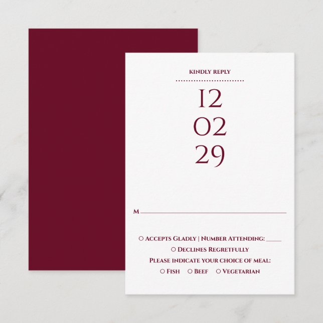 Cartons Réponse Mariage de date spéciale simple de Bourgogne (Devant / Derrière)