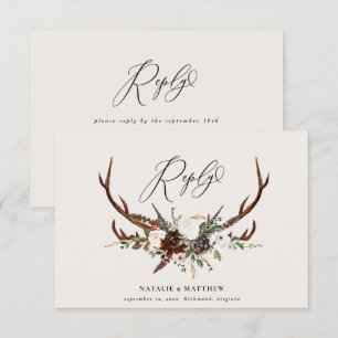 Cartons Réponse mariage de feuillage floral bordeaux rustique répo