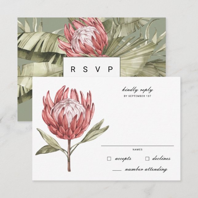 Cartons Réponse Mariage de feuille de palme de Protea tropical (Devant / Derrière)