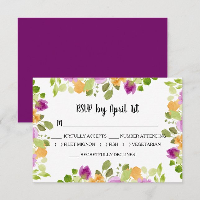 Cartons Réponse Mariage de fleurs d'aquarelle violet (Devant / Derrière)