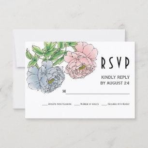 Cartons Réponse Mariage de fleurs de pivoine rose pastel, bleu RSV