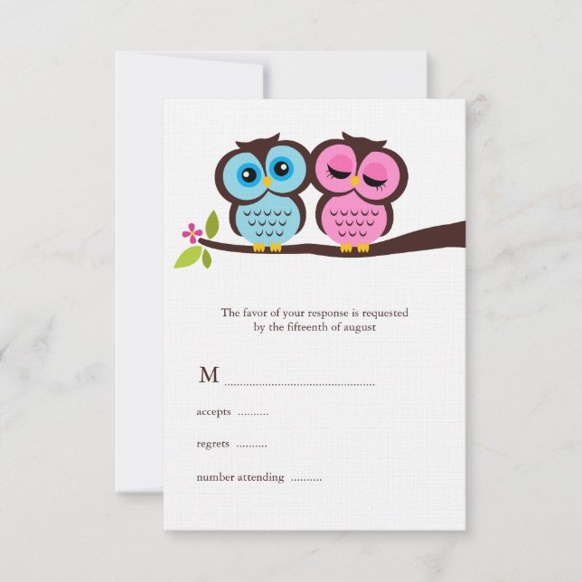 Cartons Réponse Mariage de hibou bleu et rose (Devant)