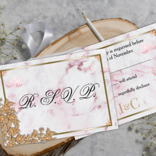 Cartons Réponse Mariage de marbre rose et perles d'or